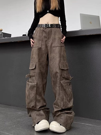 Casual Street Women Vintage Suede Biker Straight Leg Pocket Cargo Pants