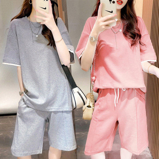 Conjunto de camiseta y pantalones cortos deportivos informales de verano para mujer, holgados, de manga corta, básicos, de color liso, talla grande
