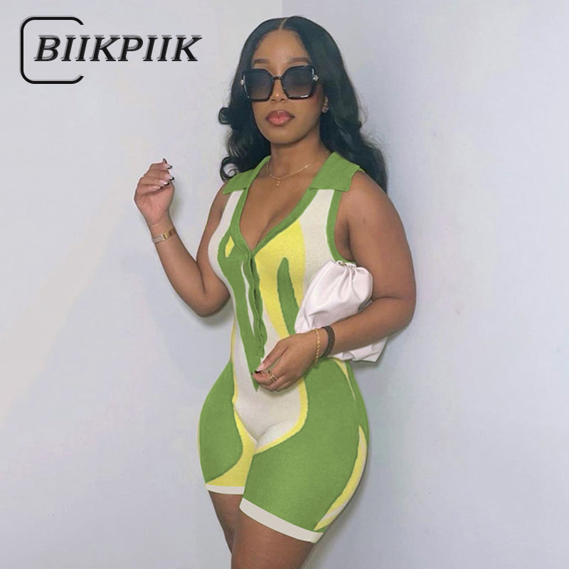 Women Casual Knitted Playsuits V Neck Sleeveless Turn Down Collar Button Up Outfits Bodycon Rompers