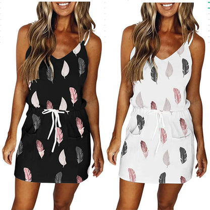 Women Casual Feather Printed Strap Dress