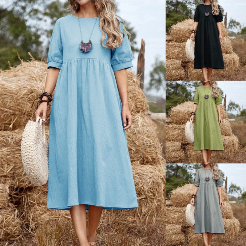 Women Casual Solid Color Loose Midi Short Sleeves Round Neck Dress