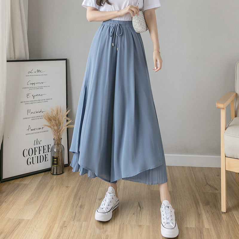 Women Fashion Casual Solid Color Chiffon Culottes Pants
