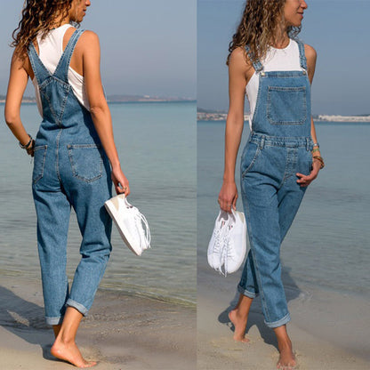 Women Fashion Casual Solid Color Denim Overalls Pants