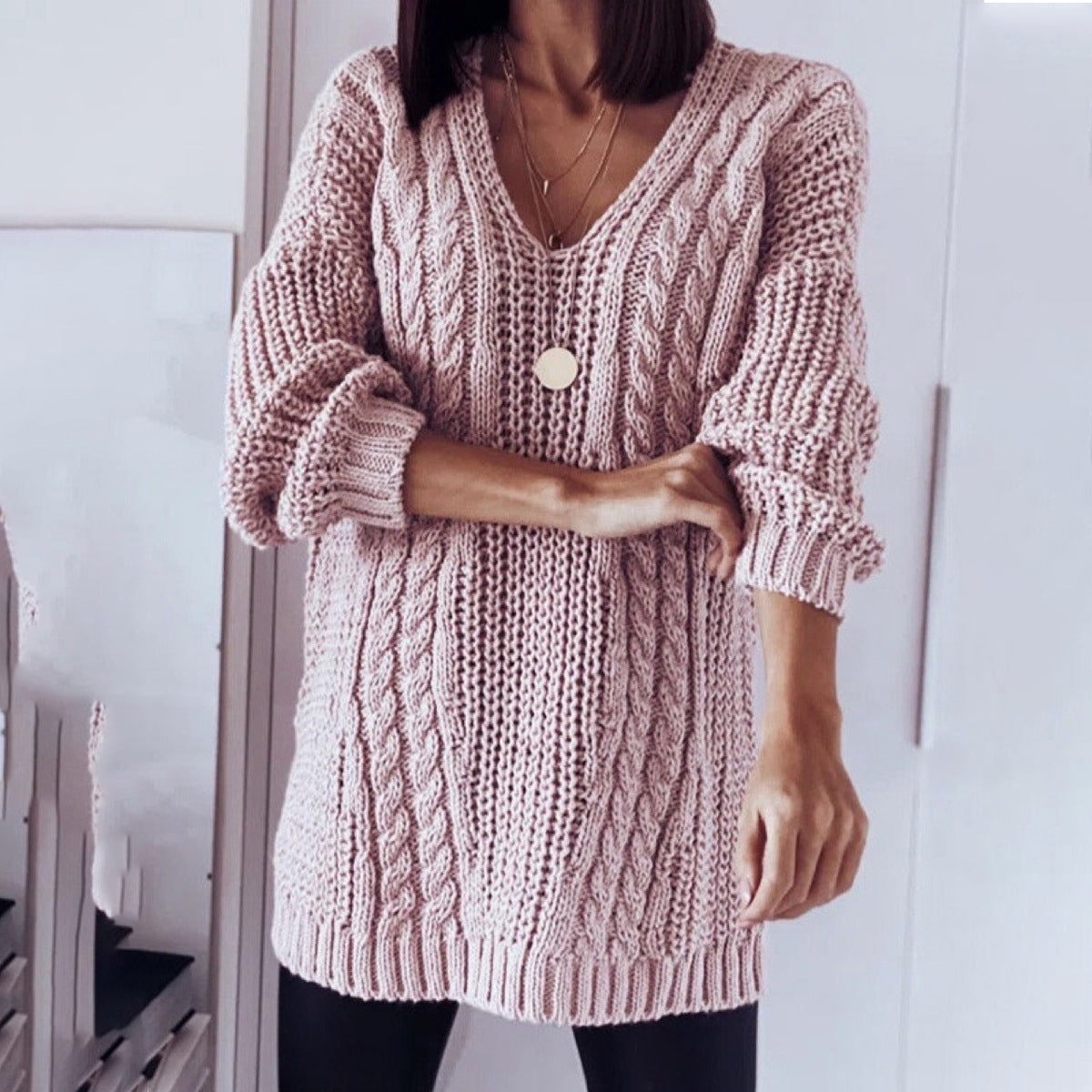Women Fashion Casual Loose V-Neck Knitted Sweater