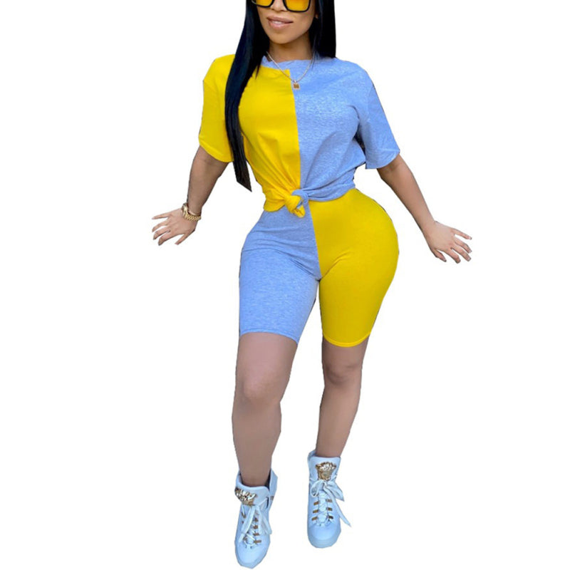 Women 2 Piece Outfits Casual Color Stitching Short Sleeve T-Shirt Tops Shorts Set
