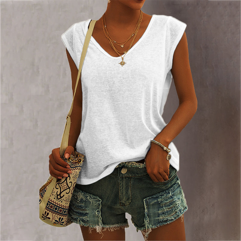 Women Casual Solid Color V Neck Simple Loose Sleeveless Tank Top