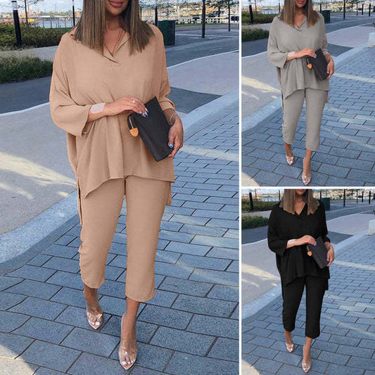 Conjunto de dos piezas de top y pantalón de manga larga con cintura elástica informal de algodón de color liso para mujer