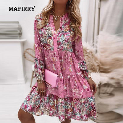 Bohemian Women Elegant Vintage Spring Casual V Neck Ruffled Long Flare Sleeves Mini Dress