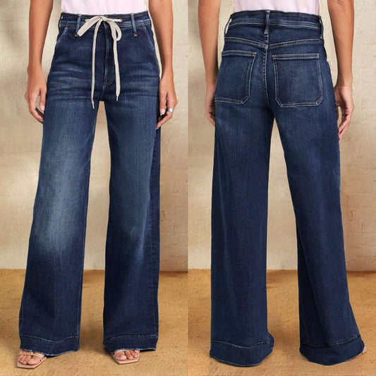 Vaqueros de pierna ancha, cintura alta, informales, con cordones, a la moda para mujer