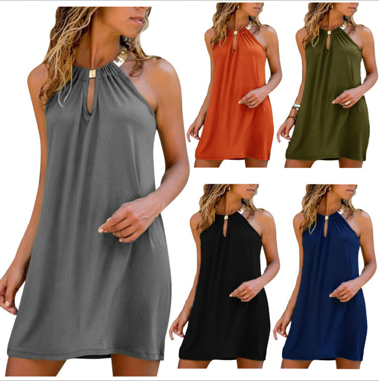 Summer Fashion Women Halter Neck Sleeveless Solid Color Casual Dress