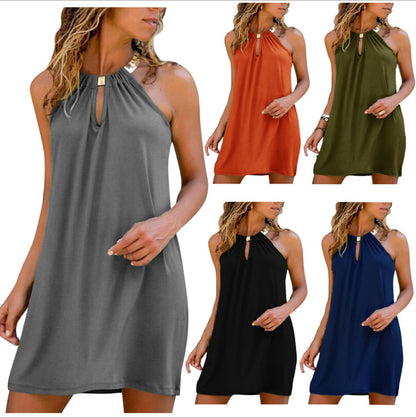 Summer Fashion Women Halter Neck Sleeveless Solid Color Casual Dress