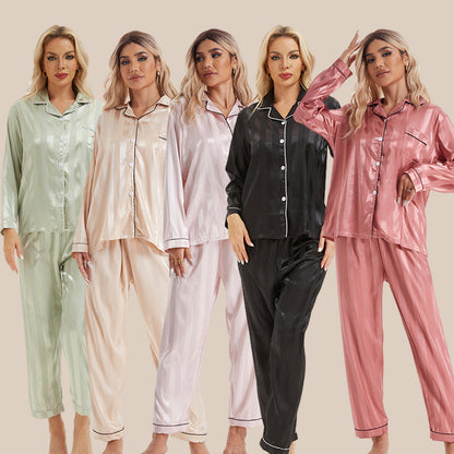 Conjunto de pijama de manga larga para mujer, sencillo e informal, de seda sintética, con rayas gruesas y cárdigan