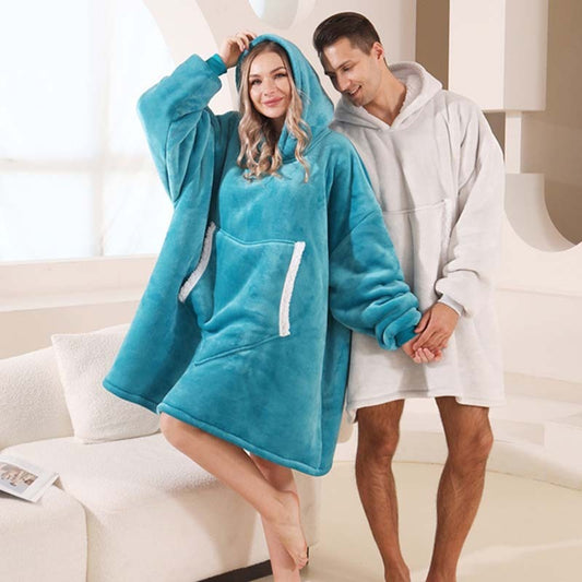 Couples Spring Autumn Casual Lazy Home Solid Color Flannel Long Sleeve Hooded Sleepwear