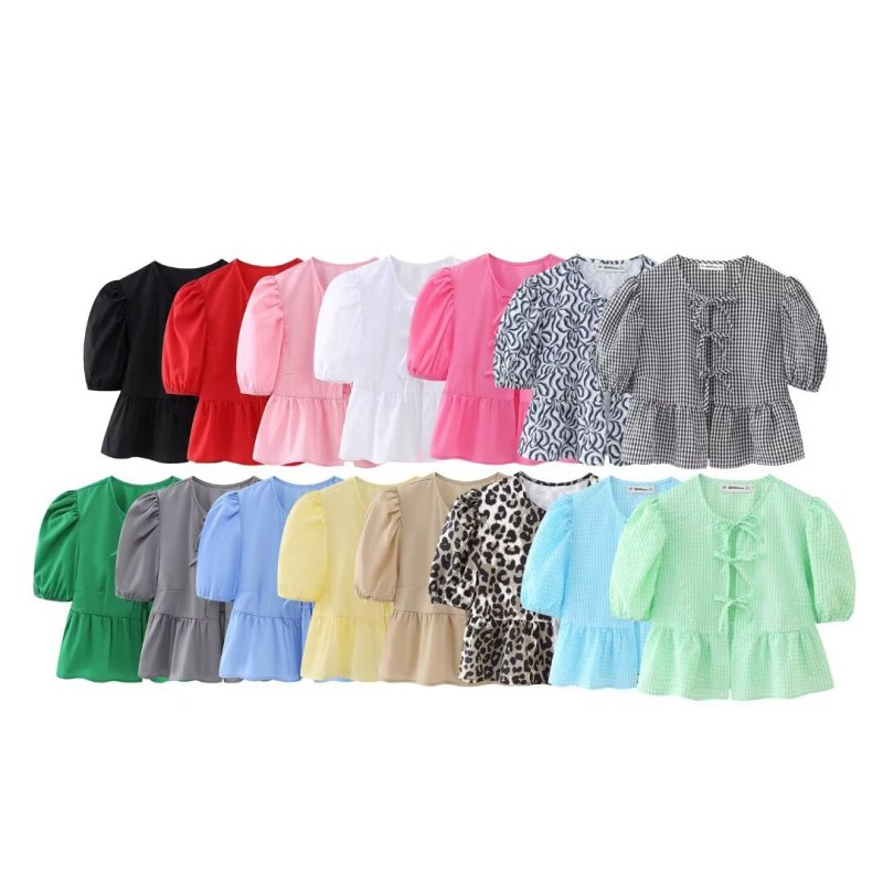 Blusa informal de leopardo con volantes, mangas abullonadas y lazo para mujer