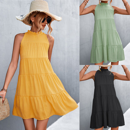 Vestido de verano para mujer, informal, dulce, de color liso, sin mangas, con cuello halter, holgado, corte A