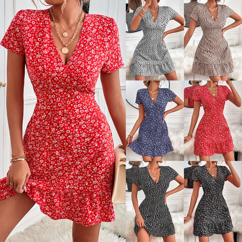Summer Vacation Women V-Neck Short Sleeve Ruffled Casual Dress