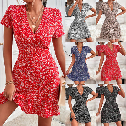 Summer Vacation Women V-Neck Short Sleeve Ruffled Casual Dress