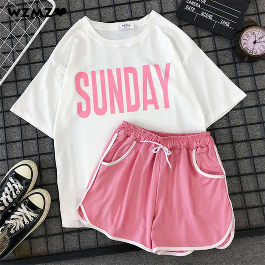 Women Casual Fashion Letter Print Short Sleeves T-shirt And Drawstring Shorts Two Piece Set