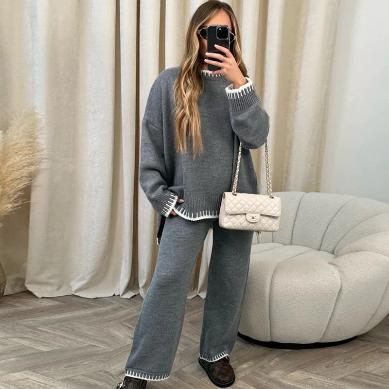 Casual Winter Fashion Solid Color Women Loose Knitted Sweater Pants Two-Piece Set