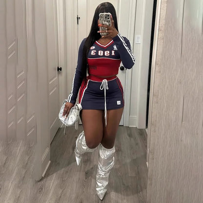 Ywomen Fashion Casual Letter Printed Long Sleeve V-Neck Top Tight Drawstring Skirt Two-Piece Set