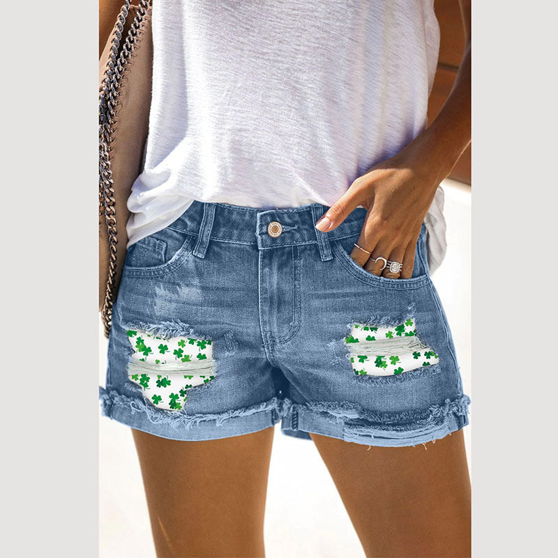 Women'S Fashion Casual Ripped Trefoil Printing Denim Shorts