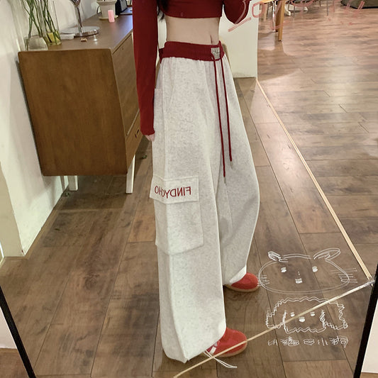 Women Fashion Casual Pockets Drawstring Wide Leg Pants