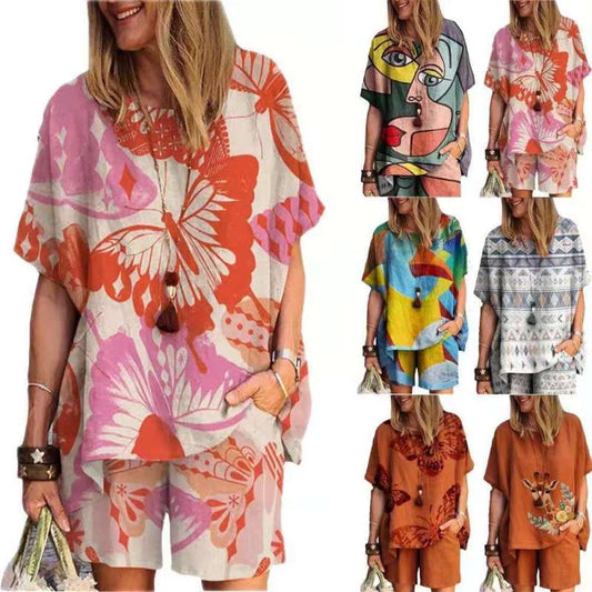 Conjunto de camiseta y pantalones cortos holgados de manga corta con estampado floral de verano para mujer