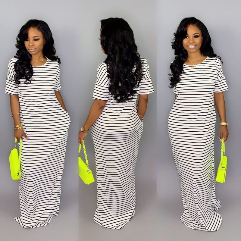 Women Basic Casual Short-sleeved Color Blocking Stripe Maxi Dress