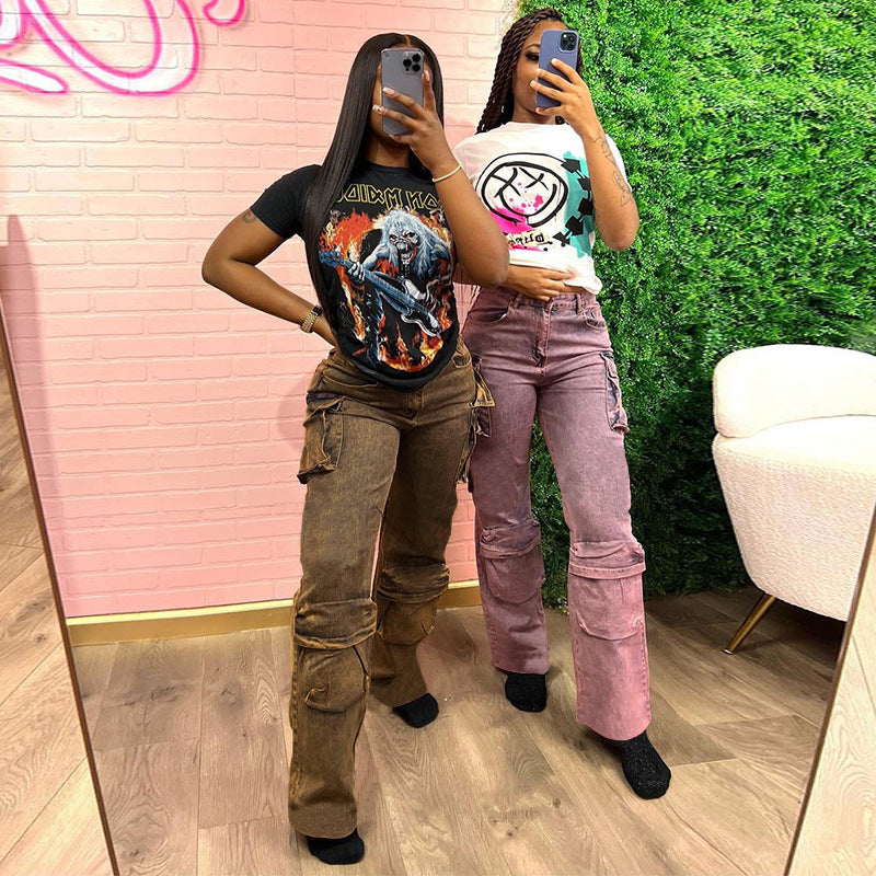 Pantalones cargo de cintura alta de color sólido casuales de moda para mujer
