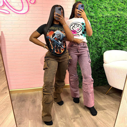 Pantalones cargo de cintura alta de color sólido casuales de moda para mujer