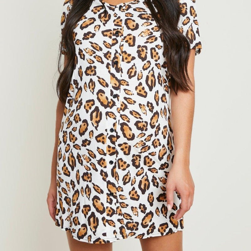 Vestido de dormir premamá informal de manga corta con estampado de leopardo para mujeres embarazadas