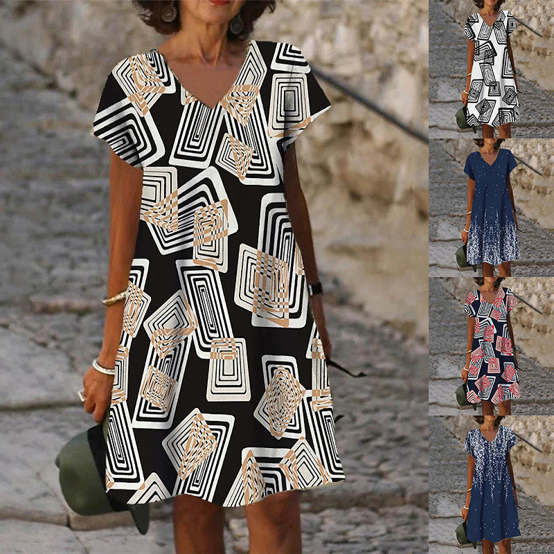 Women Fashion Casual Short Sleeve V Neck Loose Graphic Print Dress