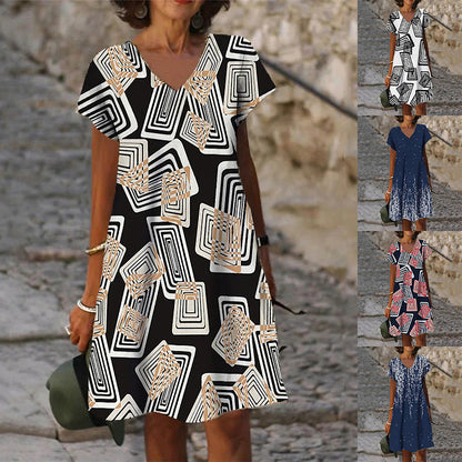 Women Fashion Casual Short Sleeve V Neck Loose Graphic Print Dress