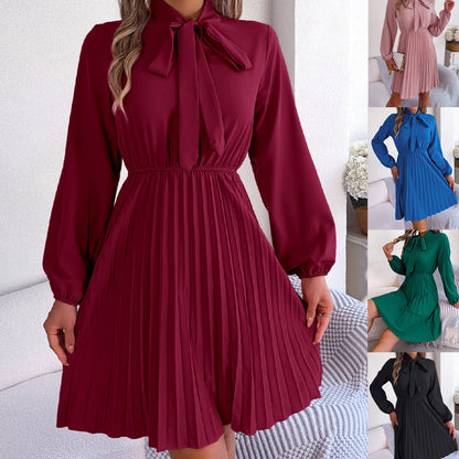 Vestido plisado informal de manga larga con cintura definida y cordones para mujer