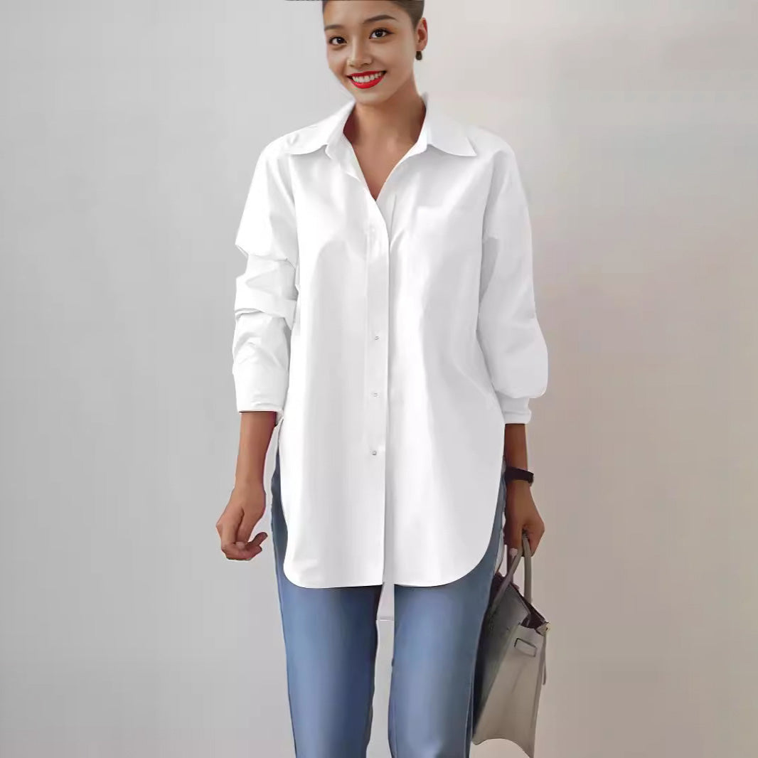 Blusa informal sencilla de color liso con solapa y manga larga para mujer, con botonadura sencilla y abertura