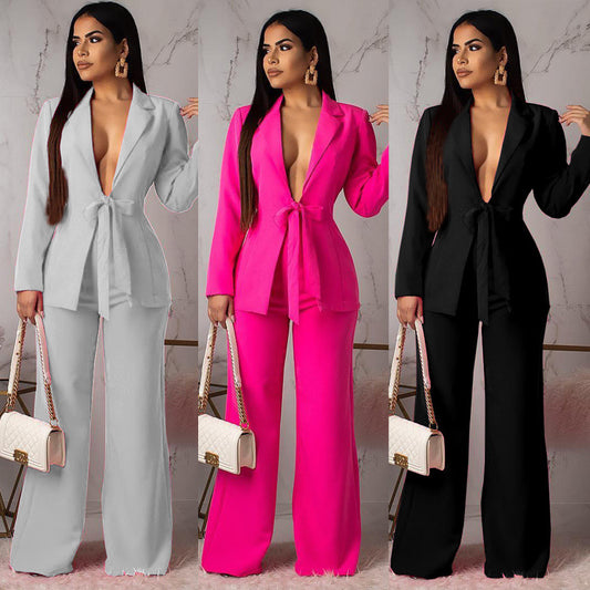 Conjunto de dos piezas de chaqueta y blazer de manga larga con cordones y escote en V profundo para mujer