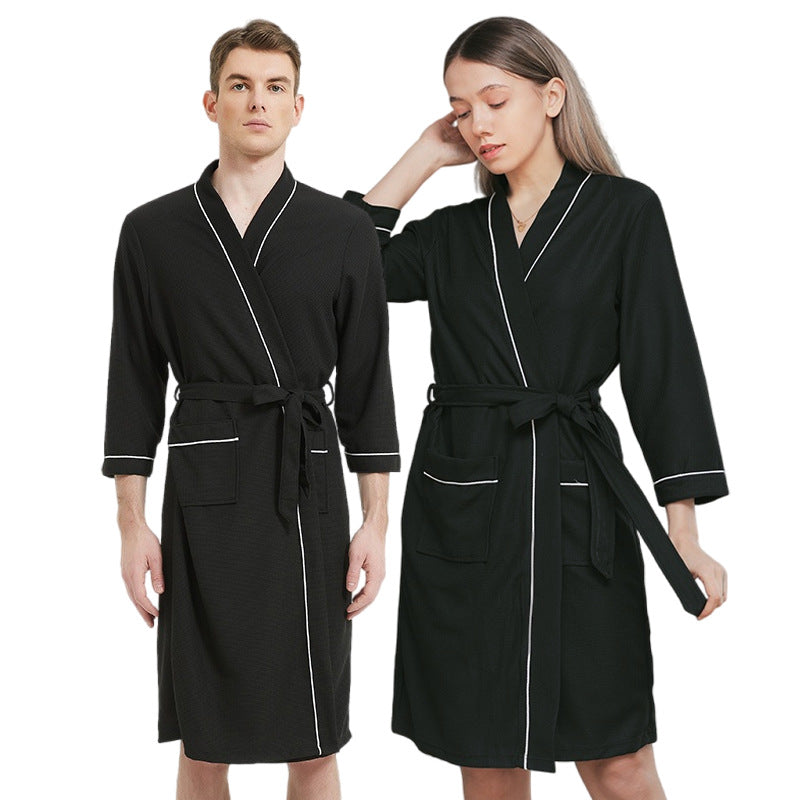 Fashion Casual Contrast Color Waffe Bathrobe Lace-Up Nightgown