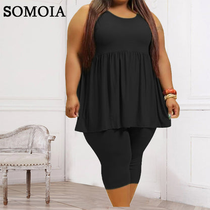 Conjunto de dos piezas con volantes de color liso sin mangas sexy informal de verano para mujer de talla grande