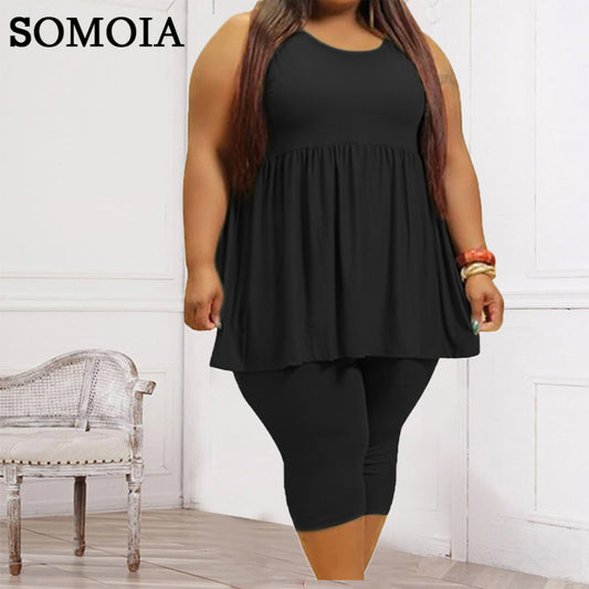 Conjunto de dos piezas con volantes de color liso sin mangas sexy informal de verano para mujer de talla grande