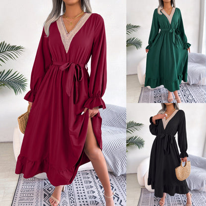 Women Fashion Casual V-Neck Lace Defined Waist Ruffled Dress