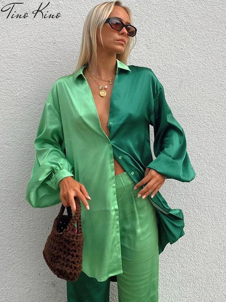 Conjunto de dos piezas formado por camisa y pantalón de retazos para mujer, informal, de manga larga, blusa y pantalón de cintura alta