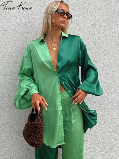 Conjunto de dos piezas formado por camisa y pantalón de retazos para mujer, informal, de manga larga, blusa y pantalón de cintura alta