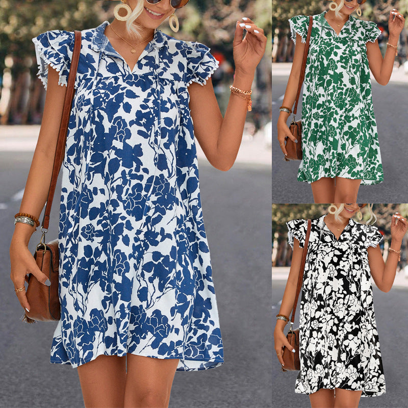 Vestido informal de verano para mujer, con cuello en V y estampado floral, de manga corta