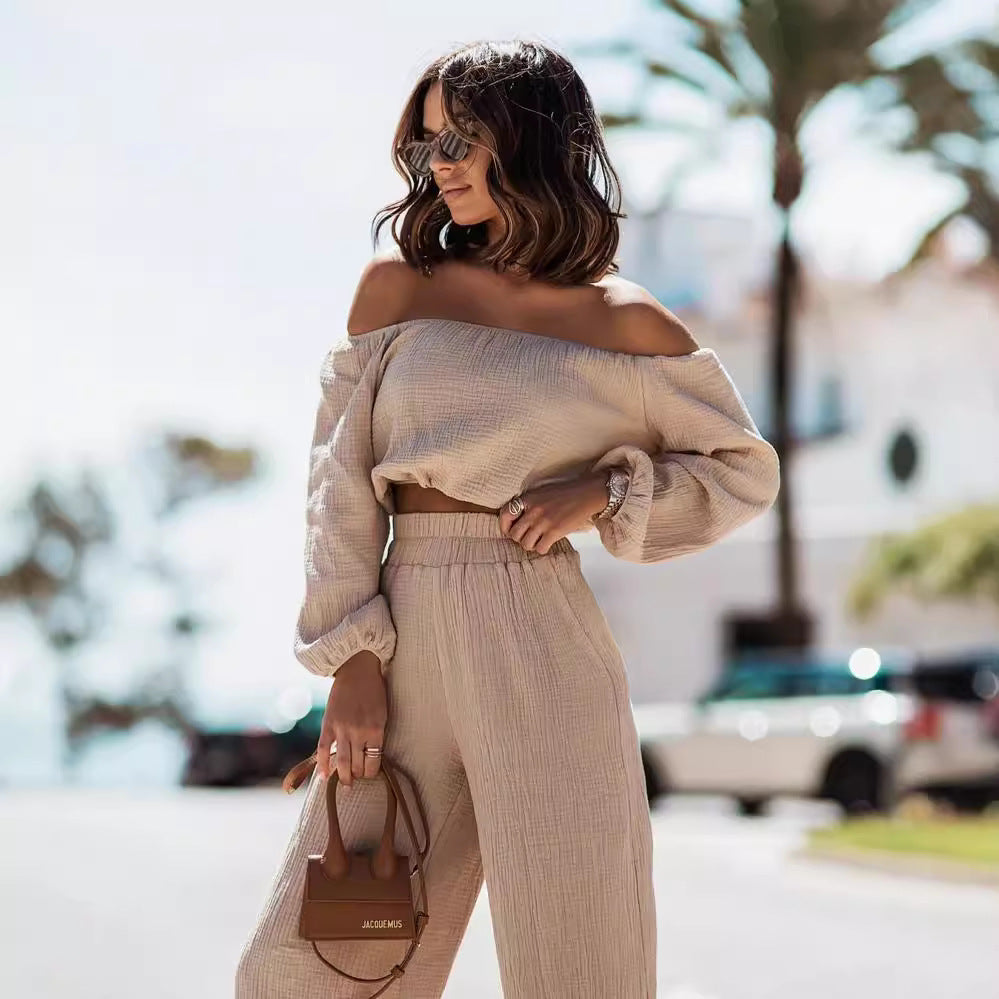 Conjunto de dos piezas formado por camiseta y pantalón de cintura alta, holgado, manga larga, hombros descubiertos, color liso, informal, para mujer