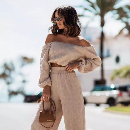 Conjunto de dos piezas formado por camiseta y pantalón de cintura alta, holgado, manga larga, hombros descubiertos, color liso, informal, para mujer
