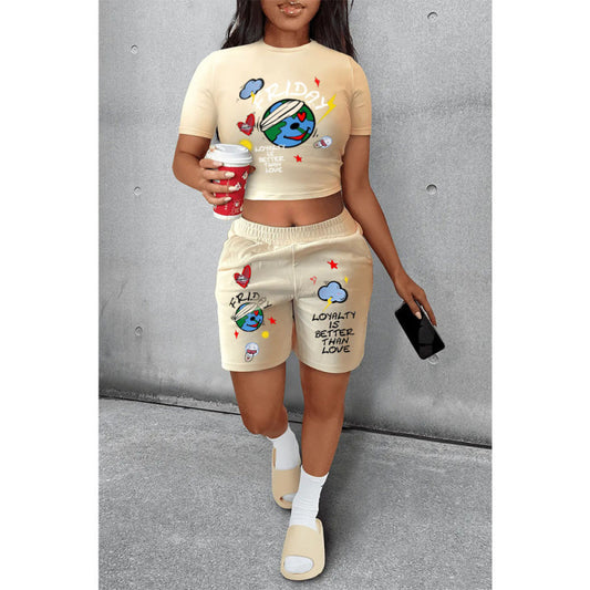 Conjunto informal de dos piezas de camiseta y pantalones cortos de manga corta con estampado de la Tierra para mujer de verano