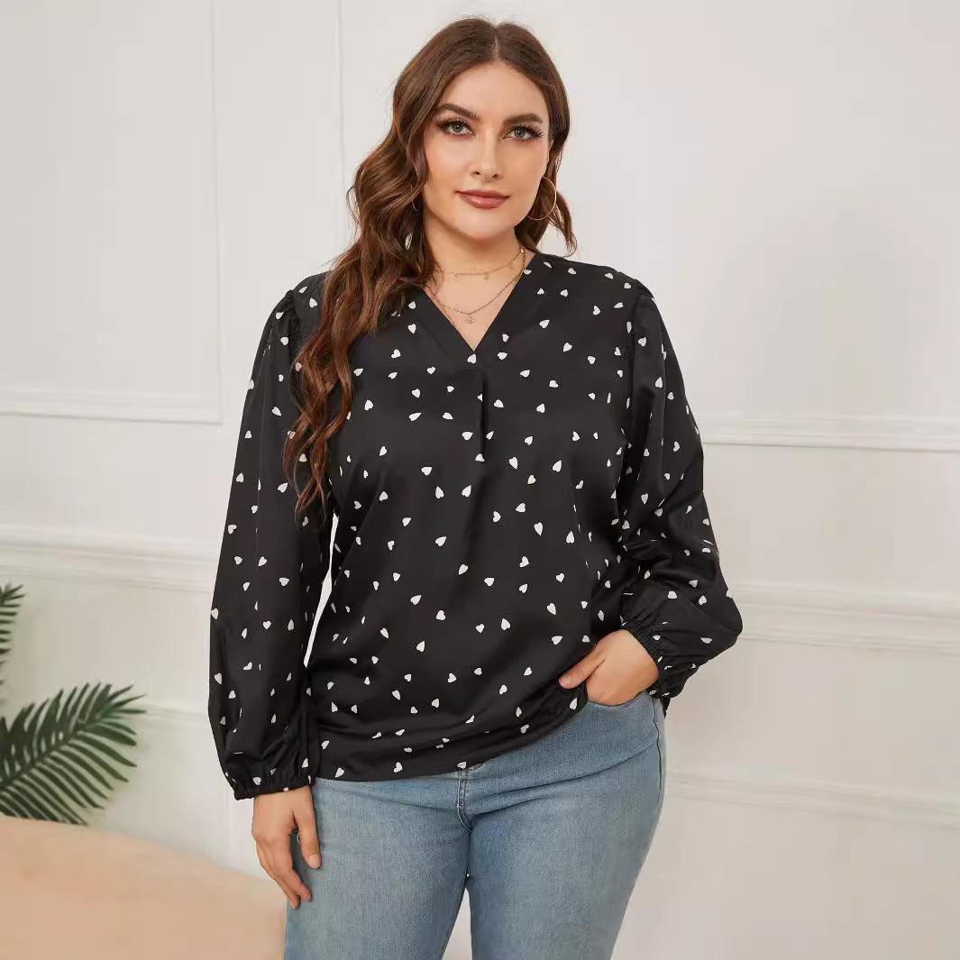 Blusa informal de manga larga con cuello en V y estampado de talla grande para mujer