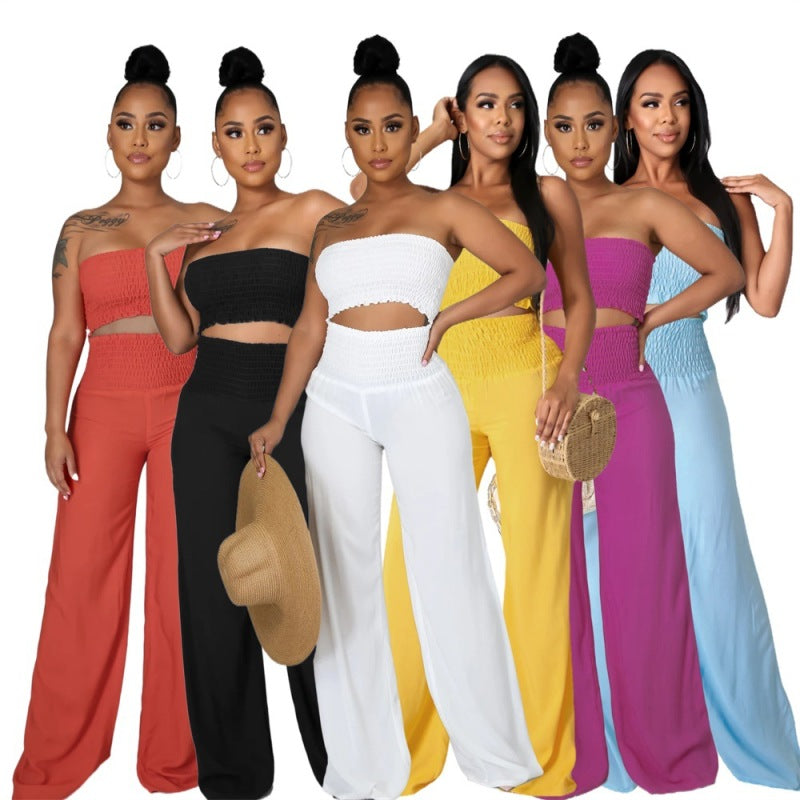 Conjunto de dos piezas para mujer, informal, elegante, de color liso, con top de tubo y pantalones holgados