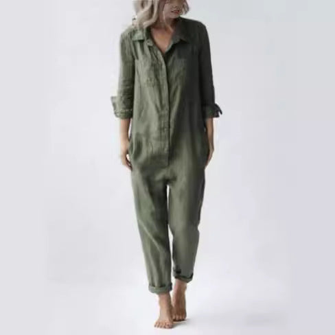 Women Casual Solid Color Lapel Pocket Long Sleeve Jumpsuits