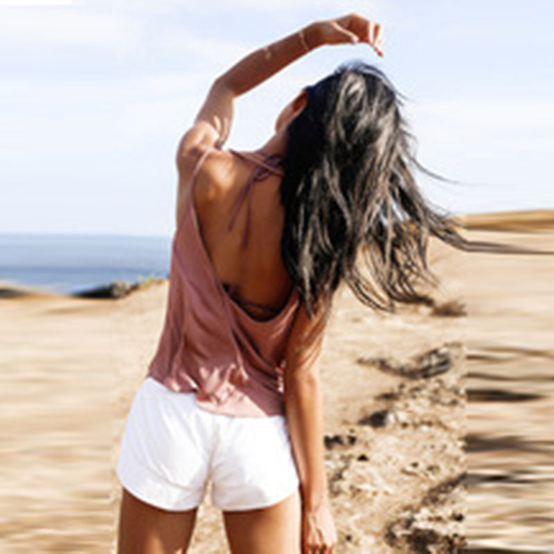 Women Casual Loose Solid Color Round Neck Sleeveless Backless Sports Tank Top